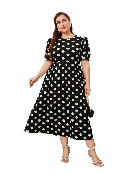 plus 1pc puff sleeve polka dot dress r50e#, Black
plus 1pc puff sleeve polka dot dress r50e#, Black
