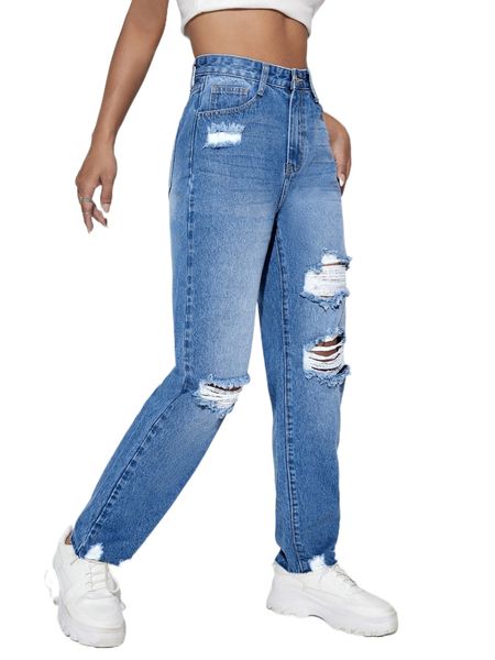 high waist ripped raw hem jeans a58x#, Blue