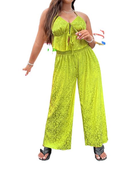 plus lettuce trim floral print tie front cami & wide leg pants s8ej#, Black