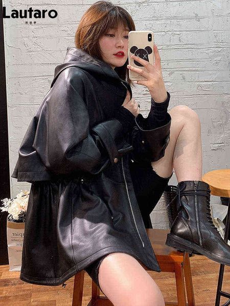 lautaro autumn waterproof black oversized leather jacket women with hood long sleeve drawstring designer luxury windbreaker coat l220728
lautaro autumn waterproof black oversized leather jacket women with hood long sleeve drawstring designer luxury windbreaker coat l220728