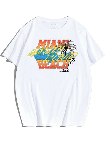 men letter & palm tree print tee t32u#, White;black 
men letter & palm tree print tee t32u#, White;black