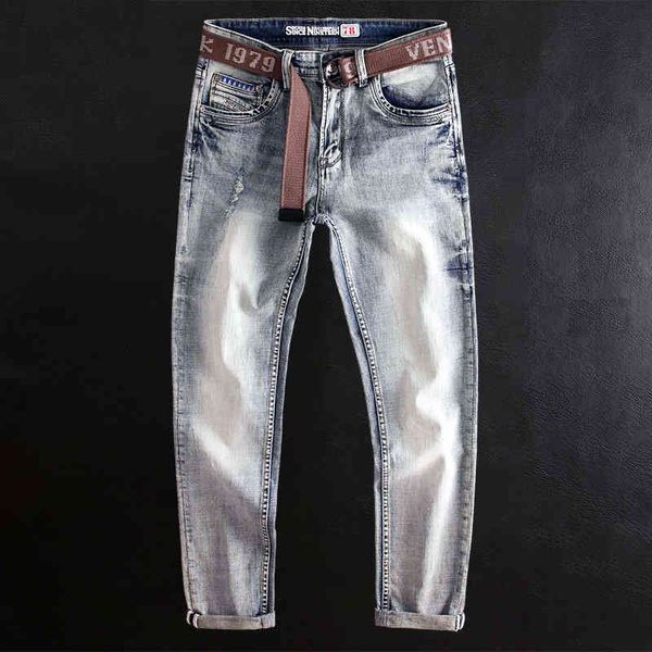 men's jeans high end light color men's jeans with holes slim fit small straight tube elastic washing whitening trend spring 00k0, Blue
men's jeans high end light color men's jeans with holes slim fit small straight tube elastic washing whitening trend spring 00k0, Blue