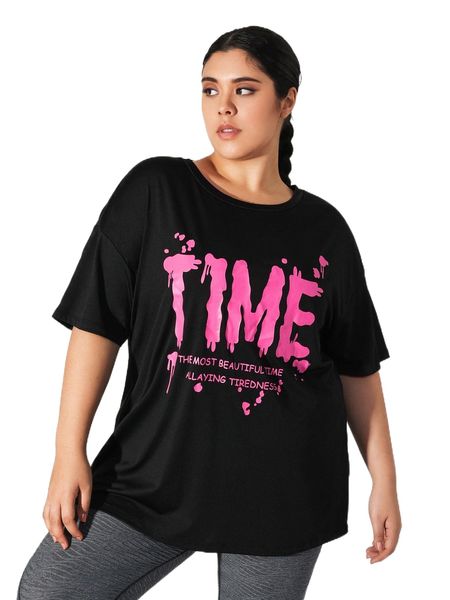 plus slogan graphic drop shoulder sports tee z3qu#, Black
