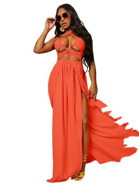 sxy cut out shirred tie back -slit hem maxi halter dress w0eo#, Black;gray 
sxy cut out shirred tie back -slit hem maxi halter dress w0eo#, Black;gray