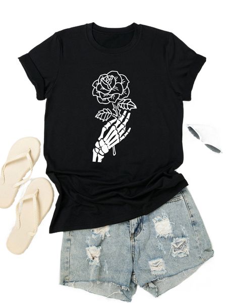 plus skull hand & floral print tee x5oc#, Black
plus skull hand & floral print tee x5oc#, Black