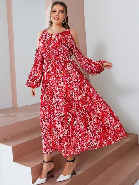 plus allover print cold shoulder shirred dress 30uu#, Black