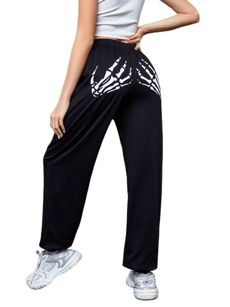 finger skeleton print elastic waist sweatpants 52co#, Black;white 
finger skeleton print elastic waist sweatpants 52co#, Black;white