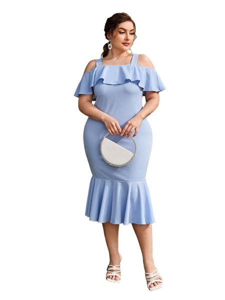 plus cold shoulder ruffle trim mermaid hem dress n3iy#, Black 
plus cold shoulder ruffle trim mermaid hem dress n3iy#, Black