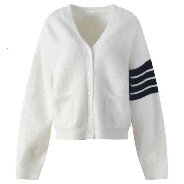 women's knits tees autumn and winter loose lazy four stripes contrast color college v-neck knitted cardigan medium length coat y2e9, White
women's knits tees autumn and winter loose lazy four stripes contrast color college v-neck knitted cardigan medium length coat y2e9, White