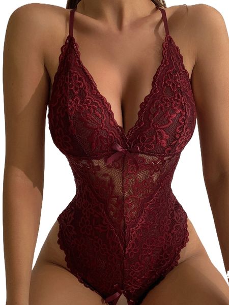 floral lace scallop trim crotchless teddy bodysuit d1oq#, Black;red