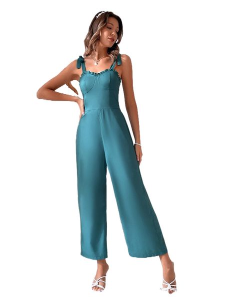 tie shoulder shirred back frill trim cami jumpsuit z9co#, Black;white