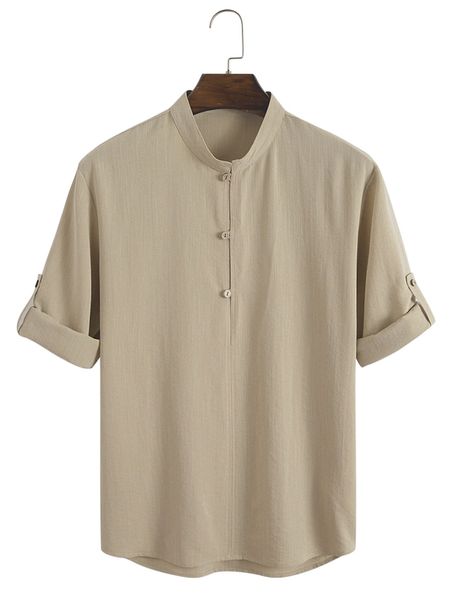 men roll tab sleeve button half placket shirt 29k7#, White;black