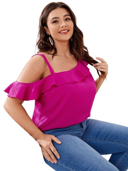 plus asymmetrical neck ruffle blouse h3uq#, Black