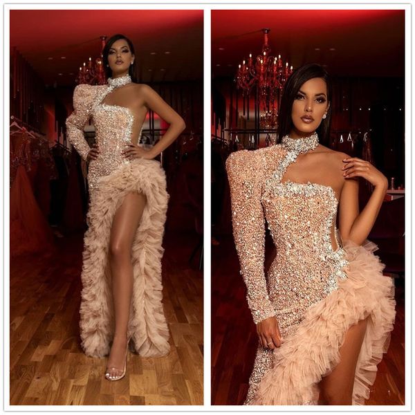 one shoulder high split prom dresses sparkly beaded high neck long sleeve evening gowns ruffles tulle long robe de soiree, Black;red
one shoulder high split prom dresses sparkly beaded high neck long sleeve evening gowns ruffles tulle long robe de soiree, Black;red