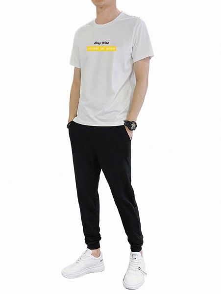 men slogan graphic tee & sweatpants k6mq#, Gray
