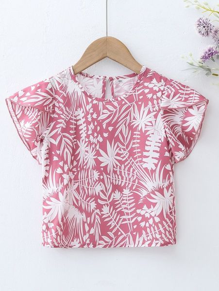 toddler girls leaf print petal sleeve keyhole back blouse she, White;black 
toddler girls leaf print petal sleeve keyhole back blouse she, White;black