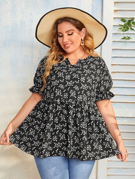 plus allover floral print puff sleeve peplum hem blouse b5bf#, Black
plus allover floral print puff sleeve peplum hem blouse b5bf#, Black