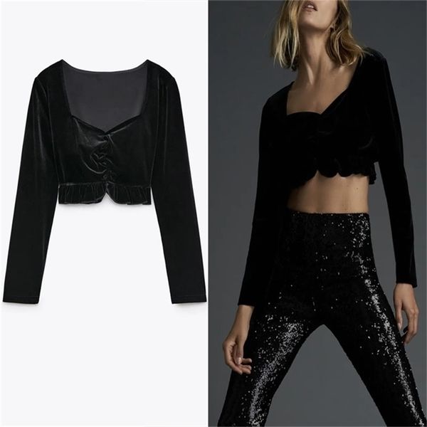 black cropped velvet women v neck long sleeve front ruched button vintage blouse female chic flounced hem shirt 210524, White
black cropped velvet women v neck long sleeve front ruched button vintage blouse female chic flounced hem shirt 210524, White