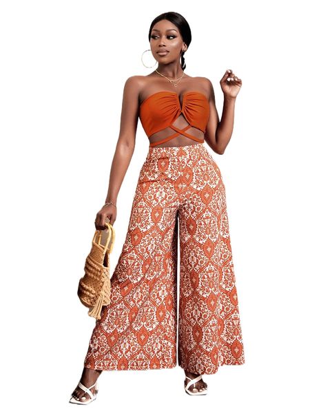 sxy v-cut tie back tube & allover print wide leg pants m0l8#, White
sxy v-cut tie back tube & allover print wide leg pants m0l8#, White