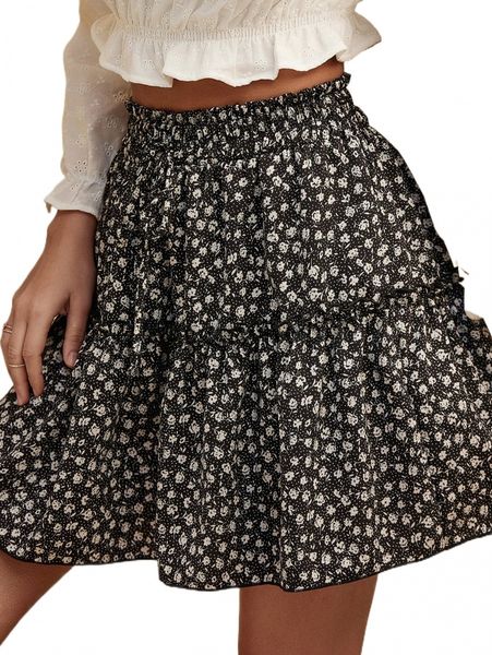 paper bag waist ditsy floral ruffle hem skirt z19u#, Black 
paper bag waist ditsy floral ruffle hem skirt z19u#, Black