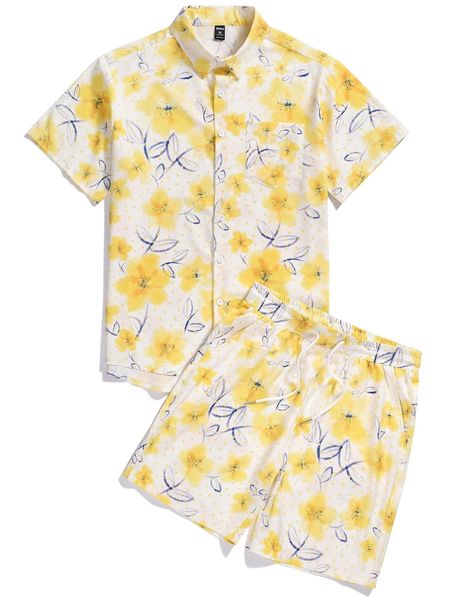 romwe guys floral print button front shirt & drawstring shorts 49zf#, Gray