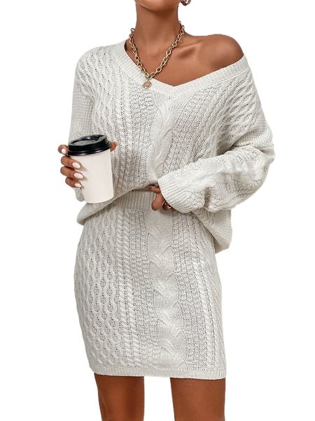 cable knit drop shoulder sweater & knit skirt j96o#, White;black
cable knit drop shoulder sweater & knit skirt j96o#, White;black