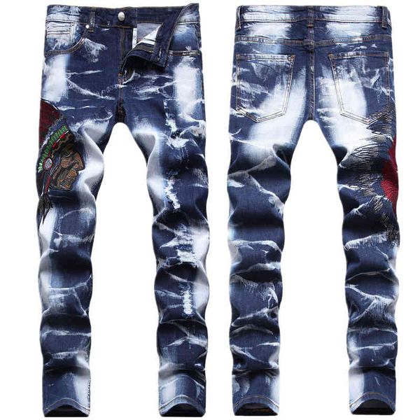 men's jeans fashion hole embroidery patch small straight jeans korean trend slim beggars pants 25xa, Blue
men's jeans fashion hole embroidery patch small straight jeans korean trend slim beggars pants 25xa, Blue