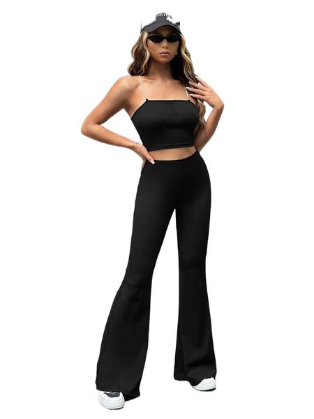 crisscross back crop cami & flare leg pants q1e2#, White