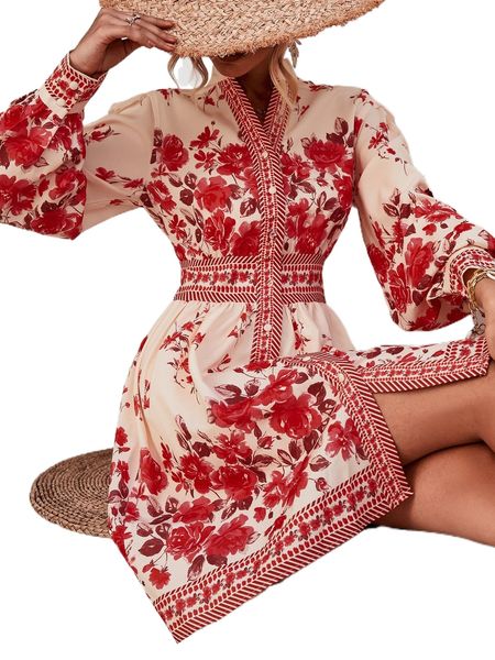 floral print ruffle trim shirt dress k19b#, Black;gray 
floral print ruffle trim shirt dress k19b#, Black;gray