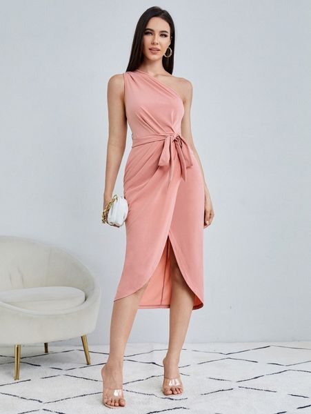 one shoulder tulip hem belted dress 65hj#, Black;gray 
one shoulder tulip hem belted dress 65hj#, Black;gray
