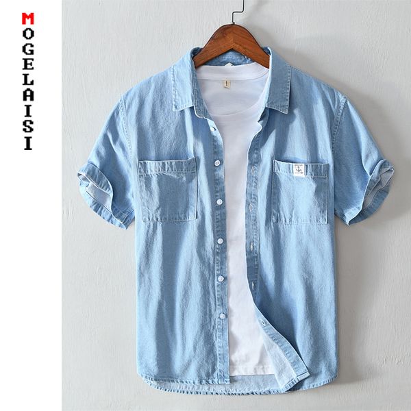 men casual denim shirt summer short sleeve blue camisa masculina 558 220606, White;black
men casual denim shirt summer short sleeve blue camisa masculina 558 220606, White;black