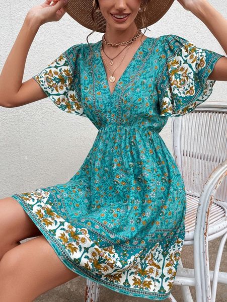 floral print butterfly sleeve dress h37t#, Black;gray