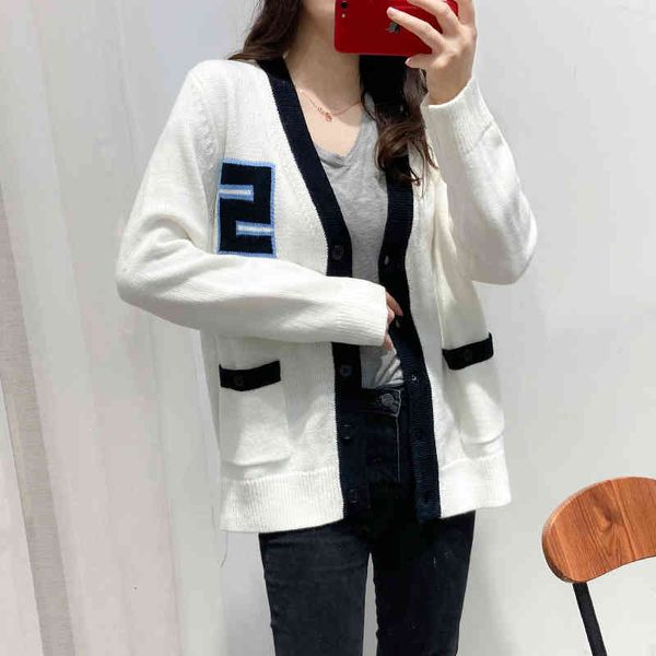 women's sweater fadan home pring and ummer college tyle letter embroidery contrat color edge v-neck knitted cardigan weater coat jroa, White;black