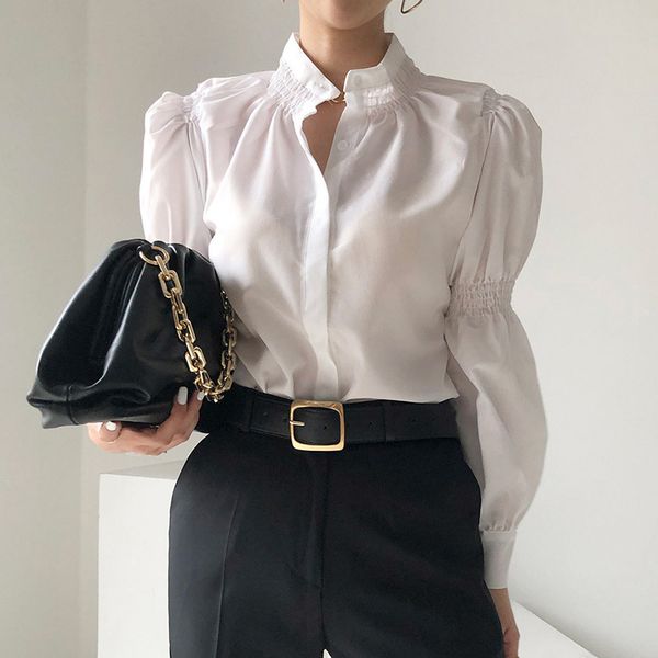 stand collar woman blouses singlebreasted blusas mujer de moda loose pleated puff sleeve white shirt women clothes 210506
stand collar woman blouses singlebreasted blusas mujer de moda loose pleated puff sleeve white shirt women clothes 210506