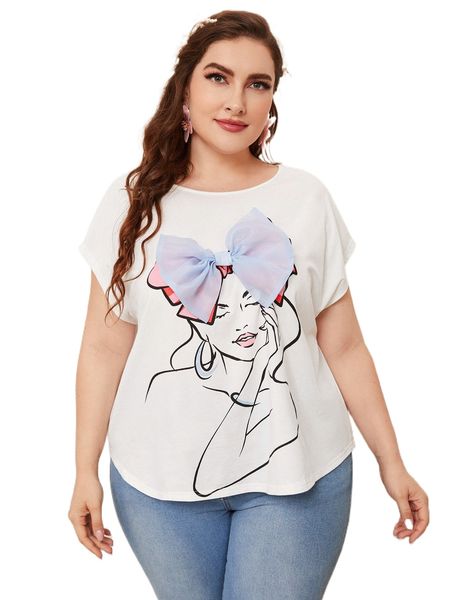 plus 1pc figure pattern bow beaded tee 47ya#, Black 
plus 1pc figure pattern bow beaded tee 47ya#, Black