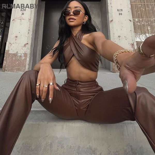 women pu leather halter backless sleeveless cropped tank and high waist zipper button straight pant 2 piece set outfits, Black;white
women pu leather halter backless sleeveless cropped tank and high waist zipper button straight pant 2 piece set outfits, Black;white