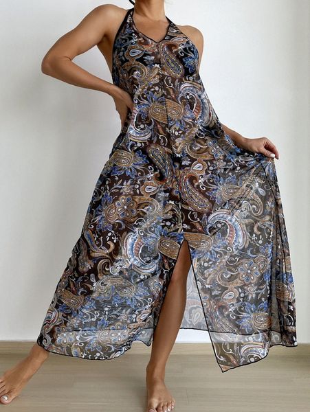 paisley slit halter cover up 982e#, White;black 
paisley slit halter cover up 982e#, White;black