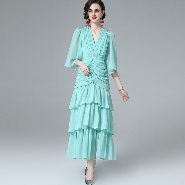 women's runway dress v neck half flare sleeves draped ruched drop wasit fashion casual prom vestidos, Black
women's runway dress v neck half flare sleeves draped ruched drop wasit fashion casual prom vestidos, Black