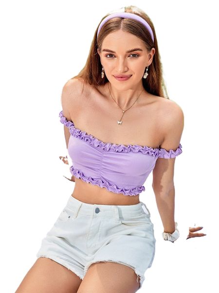 off shoulder frilled ruched crop c8o0#, White
off shoulder frilled ruched crop c8o0#, White