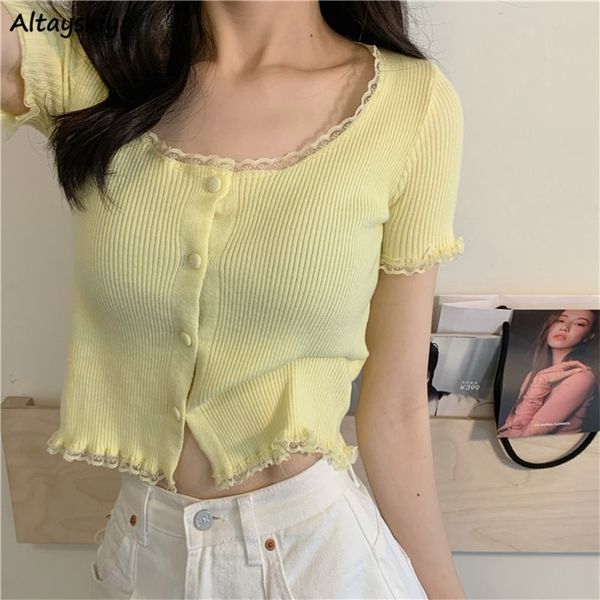 short sleeve tshirts women slim solid lace oneck single breasted trendy chic sweet lovely ulzzang simple streetwear knitted 220620, White
short sleeve tshirts women slim solid lace oneck single breasted trendy chic sweet lovely ulzzang simple streetwear knitted 220620, White