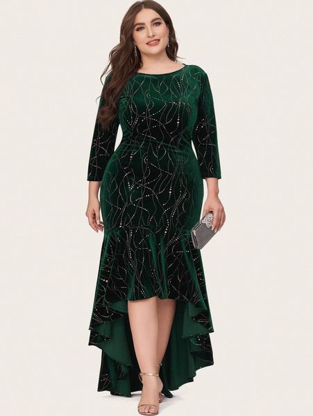 ever-pretty plus geo print high low velvet prom dress z6go#, Black