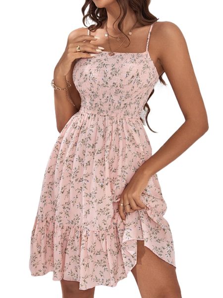 ditsy floral print shirred ruffle hem cami dress y2w6#, Black;gray