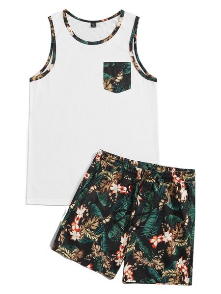 men tropical print tank & shorts q8te#, Gray
