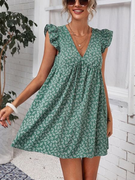 ruffle armhole ditsy floral dress r8j4#, Black;gray