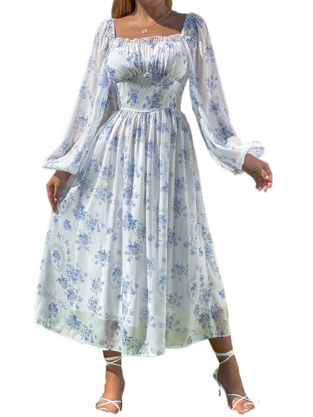 allover floral print lantern sleeve ruched bust chiffon dress c1jy#, Black;gray 
allover floral print lantern sleeve ruched bust chiffon dress c1jy#, Black;gray