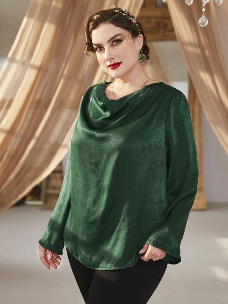 plus draped neck solid blouse e003#, Black