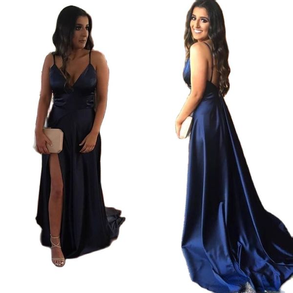 navy blue v neck sleeveless open back prom dresses side split evening gowns long formal party wear, Black
navy blue v neck sleeveless open back prom dresses side split evening gowns long formal party wear, Black