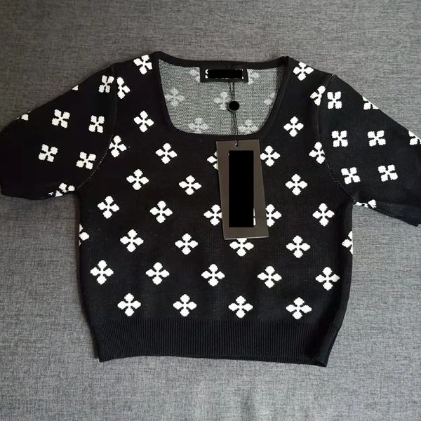 women's knits & tees designer sk original standard garden double-sided tee jacquard black cross flower square collar exposed navel shor, White