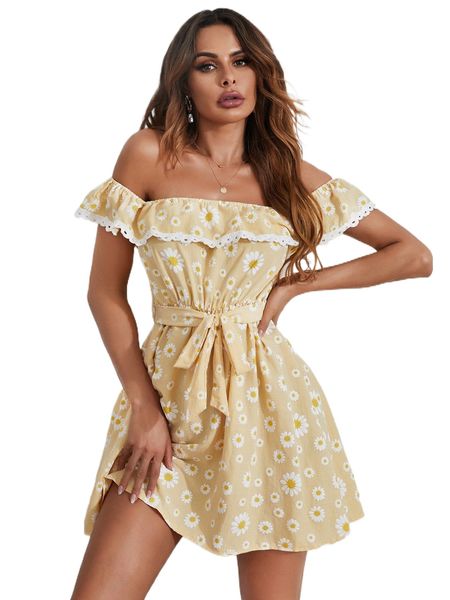 floral print off shoulder guipure lace insert belted dress q793#, Black;gray
floral print off shoulder guipure lace insert belted dress q793#, Black;gray