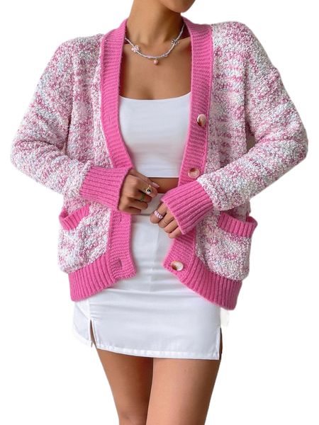 contrast trim dual pocket drop shoulder popcorn knit cardigan 52gf#, White;black